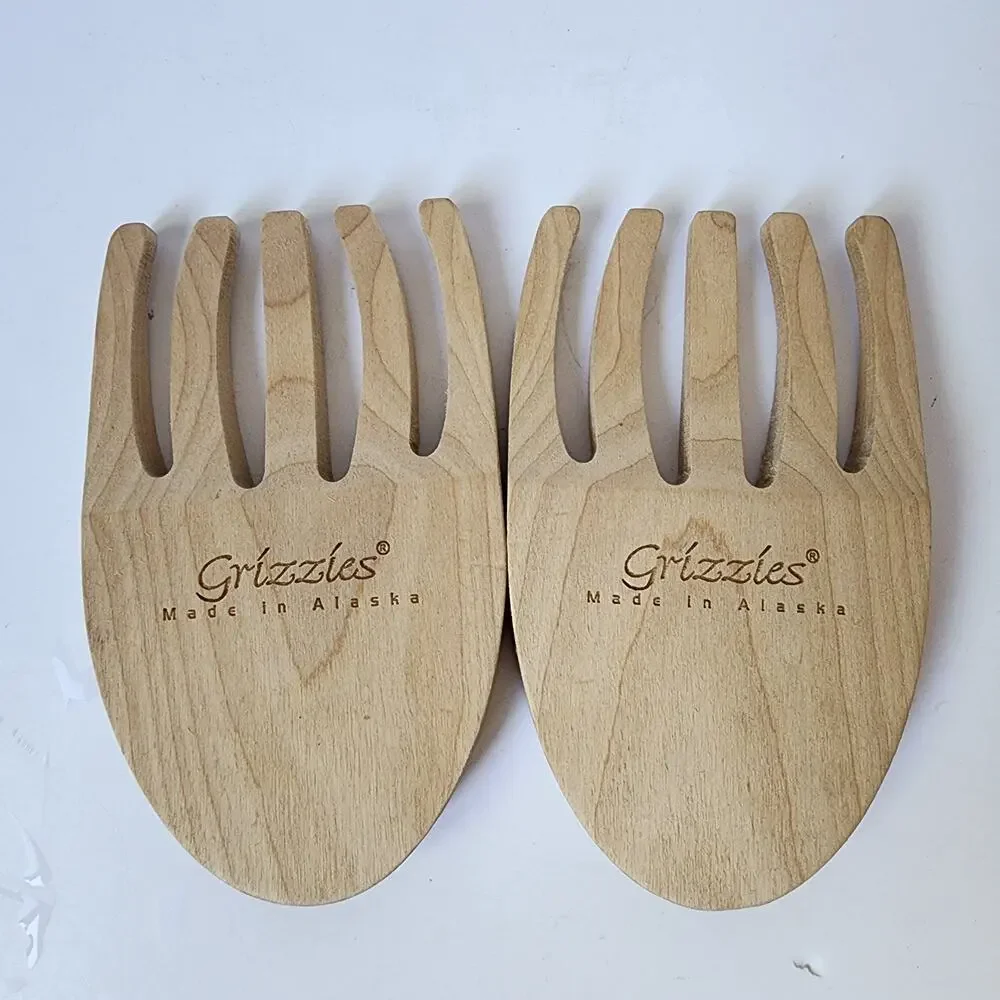 Grizzies Wooden Serving Salad Forks Tongs Tossing Spoon Made in Alaska